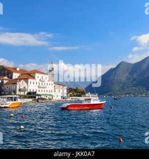 Beautiful sunny day in Perast, Montenegro, mediterranean landscape, Kotor bay (Boka Kotorska), Montenegro, Europe, old historical town and resort. Stock Photo