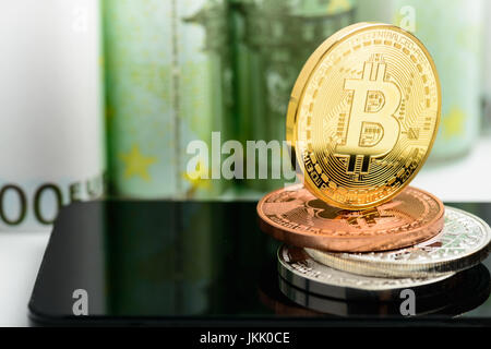 Golden bitcoin over Euro money. Bitcoin cryptocurrency. Crypto currency ...