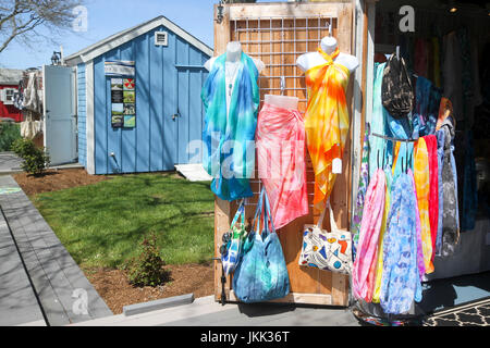 Clothes, bags, and scarves for sale at one of the Hyannis Harbor Artist Shanties, HyArts District, Hyannis, Cape Cod, Massachusetts, United States Stock Photo