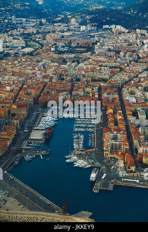 NICE, FRANCE - August 16th, 2016: Aerial view of the city of Nice, France and surrounding coastline while landing at Nice Airport on a serene summer a Stock Photo