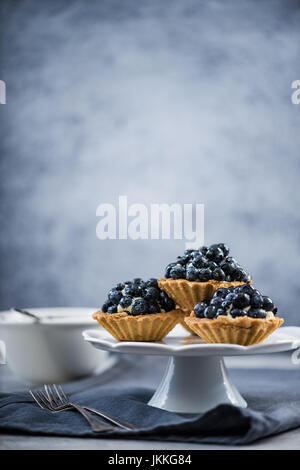 Blueberry tart mini pie on platter, copy space background Stock Photo