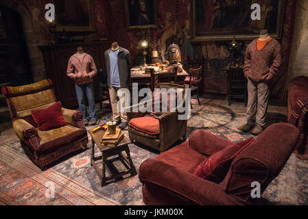 LEAVESDEN, UK - JUNE 19TH 2017: The studio set of the Gryffindor Common Room, on display at the Making of Harry Potter Studio Tour at the Warner Bros. Stock Photo