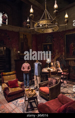 LEAVESDEN, UK - JUNE 19TH 2017: The studio set of the Gryffindor Common Room, on display at the Making of Harry Potter Studio Tour at the Warner Bros. Stock Photo