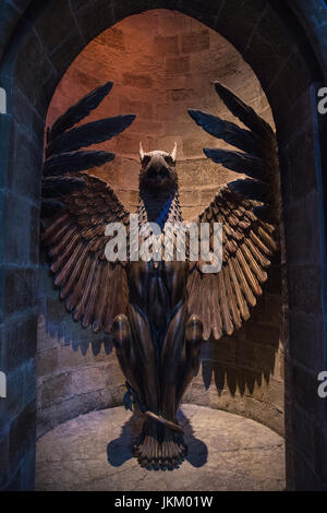 LEAVESDEN, UK - JUNE 19TH 2017: The studio set of the entrance to Dumbledores Office, on display at the Making of Harry Potter Studio Tour at the Warn Stock Photo