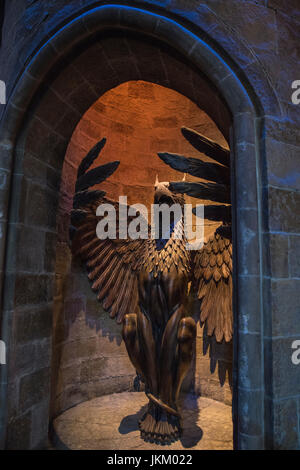 LEAVESDEN, UK - JUNE 19TH 2017: The studio set of the entrance to Dumbledores Office, on display at the Making of Harry Potter Studio Tour at the Warn Stock Photo