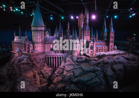 LEAVESDEN, UK - JUNE 19TH 2017: A large and intricate scale model of Hogwarts Castle, at the Making of Harry Potter Studio tour at the Warner Bros. St Stock Photo
