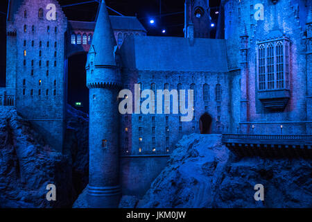 LEAVESDEN, UK - JUNE 19TH 2017: A large and intricate scale model of Hogwarts Castle, at the Making of Harry Potter Studio tour at the Warner Bros. St Stock Photo