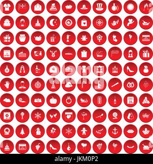 100 festive day icons set red Stock Vector