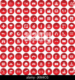 100 landscape element icons set red Stock Vector
