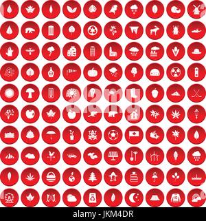 100 leaf icons set red Stock Vector
