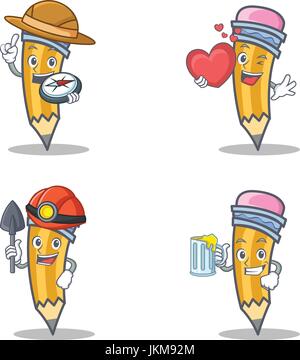 Set of pencil character with explorer heart miner juice Stock Vector