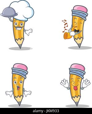 Set of pencil character with chef trumpet surprised tongue out Stock Vector