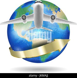 airplane flying over around the world planet Stock Vector