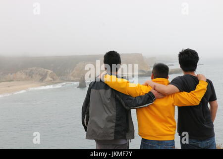 Three young Asian men on a hike overlooking the California coast, Davenport CA. Stock Photo