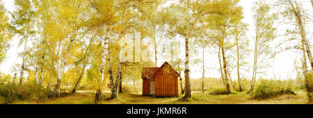 An intimate panorama view of autumn woodland in golden yellow colour with a wooden hut sits in the center of the scenic landscape. Xinjiang, China Stock Photo