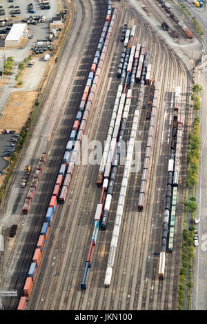 Cars and carriages at Balmer Yard, a rail yard located in the Interbay neighborhood of Seattle, Washington, USA Stock Photo