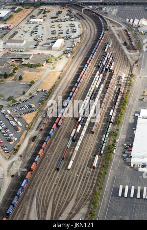 Cars and carriages at Balmer Yard, a rail yard located in the Interbay neighborhood of Seattle, Washington, USA Stock Photo