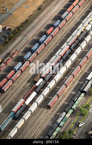 Cars and carriages at Balmer Yard, a rail yard located in the Interbay neighborhood of Seattle, Washington, USA Stock Photo