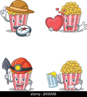 Set of Popcorn character with explorer heart miner juice Stock Vector