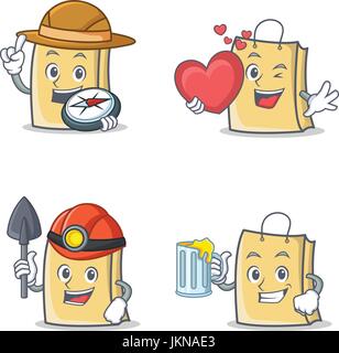 Set of bag character with explorer heart miner juice Stock Vector