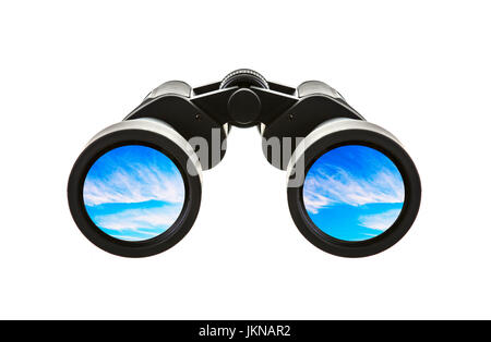 Pair of Binoculars with blue sky on a white background Stock Photo