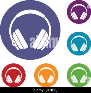 Headphone icons set in flat circle red, blue and green color for web Stock Vector