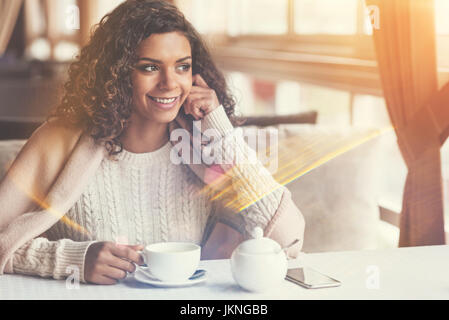 Beautiful cheerful woman having tea Stock Photo
