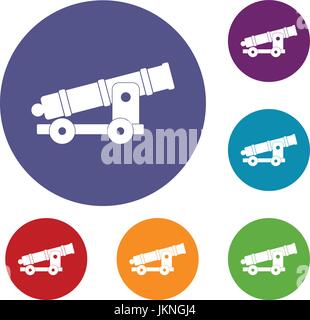 Cannon icons set in flat circle red, blue and green color for web Stock Vector