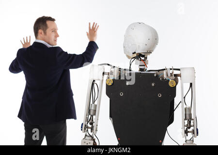 Persistent energetic scientist using interactive computer Stock Photo
