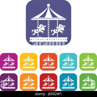 Merry go round horse ride icons set vector illustration in flat style in colors red, blue, green, and other Stock Vector