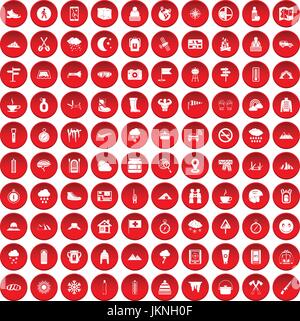 100 mountaineering icons set in red circle isolated on white vector illustration Stock Vector