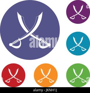 Crossed sabers icons set in flat circle red, blue and green color for web Stock Vector