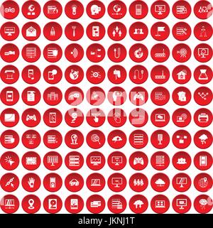 100 network icons set in red circle isolated on white vector illustration Stock Vector