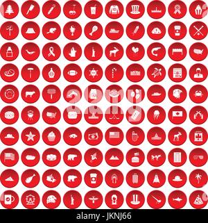 100 North America icons set in red circle isolated on white vector illustration Stock Vector