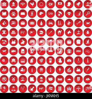 100 pets icons set in red circle isolated on white vector illustration Stock Vector