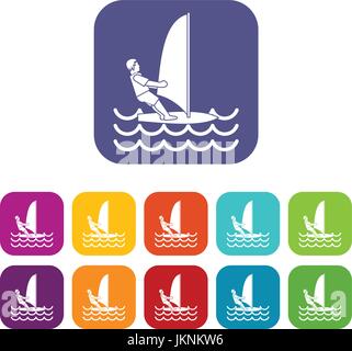 Man on windsurf icons set vector illustration in flat style in colors red, blue, green, and other Stock Vector