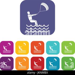Man takes part at kitesurfing icons set vector illustration in flat style in colors red, blue, green, and other Stock Vector