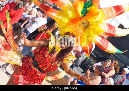 Blackpool, UK. 23rd July, 2017. Blackpool's First international carnival: Todays first international carnival takes place in the seaside town under glorious summer sunshine on the Promenade between Central and South piers. Preston Caribbean Carnival Queen Julia Russell got the people dancing. Kev Walsh /Alamy live news Stock Photo