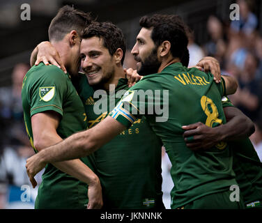 Vancouver, Canada. 23rd July, 2017. Sebastian Blanco (2nd L) of Portland Timbers celebrates scoring with teammates during the 2017 Major League Soccer (MLS) match between Portland Timbers and Vancouver Whitecaps at BC Place Stadium in Vancouver, Canada, on July 23, 2017. Portland Timbers won 2-1. Credit: Andrew Soong/Xinhua/Alamy Live News Stock Photo