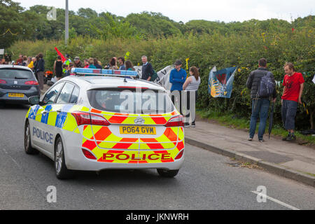 Plumpton, Blackpool, Lancashire, UK. 24th July, 2017. Protests continue at Caudrilla Experimental Shale Gas site as up to four demonstrators have been arrested for obstructing the highway.  The shale gas site in Westby-by Plumpton is the subject of ongoing demonstrations and picketing of supply and delivery vehicles.  With the site expecting deliveries later this week of the Carousel Drilling Rig the numbers of protestors are expected to increase substantially. Credit: MediaWorldImages/Alamy Live News Stock Photo