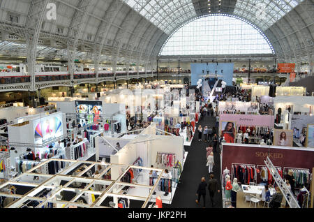 Trade stands at Pure London, Olympia, London, UK. Pure London, the UK's leading trade fashion exhibition opens its doors 23-25th July 2017, featuring two halls of trade stands from leading fashion and accessories designers, lectures from industry experts, and fashion shows on two different catwalks throughout each day. Fashion buyers were out in force to see the new season's collections. 24th July 2017. Credit: Antony Nettle/Alamy Live News Stock Photo