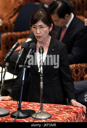 Tokyo, Japan. 24th July, 2017. Japanese Defense Minister Tomomi Inada answers a question to an opposition lawmaker at the Lower House's budget committee session at the national Diet in Tokyo on Monday, July 24, 2017. Abe said he was not asked by his friend Kotaro Kake for help in opening a new university department in Imabari. Credit: Yoshio Tsunoda/AFLO/Alamy Live News Stock Photo