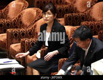 Tokyo, Japan. 24th July, 2017. Japanese Defense Minister Tomomi Inada listens to a question by an opposition lawmaker at the Lower House's budget committee session at the national Diet in Tokyo on Monday, July 24, 2017. Abe said he was not asked by his friend Kotaro Kake for help in opening a new university department in Imabari. Credit: Yoshio Tsunoda/AFLO/Alamy Live News Stock Photo