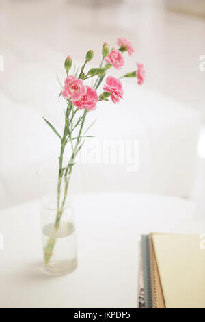 vase of the pink carnations put on the table in a white room Stock Photo