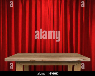 empty wooden table with red curtain background Stock Photo