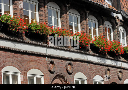 House front with flowers, Luneburg, Lower Saxony, Germany | Hausfassade mit Blumen, Lueneburg, Niedersachsen, Deutschland / Lüneburg Stock Photo