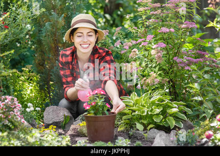 gardener spraying water on flowers Stock Photo