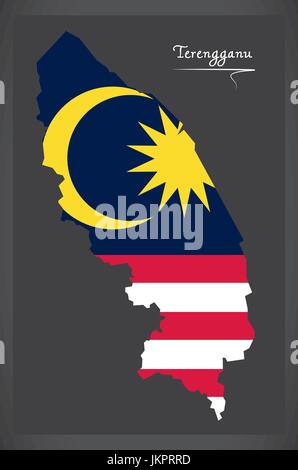 Terengganu Malaysia map with Malaysian national flag illustration Stock Vector