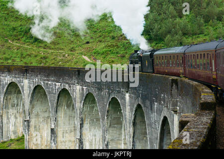 The Jacobite steam train on the Glenfinnan (Glenfinan) viaduct as seen in the harry potters movies. Viaduct in the Scottish highlands Stock Photo