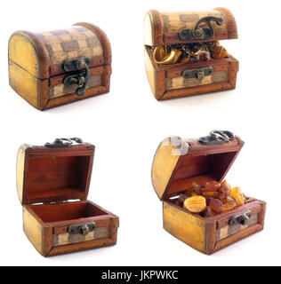 Wooden chests in set: open, close, empty and full Stock Photo